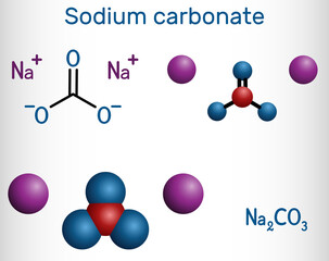 Wall Mural - Sodium carbonate, Na2CO3, natrium carbonate, washing soda, soda ash molecule. It is disodium salt of carbonic acid, is organic sodium salt, carbonate salt. Structural formula, molecule model