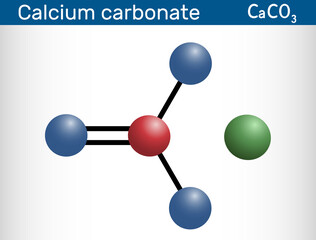 Poster - Calcium carbonate molecule. It is an ionic compound, the carbonic salt of calcium CaCO3, calcium salt, Food additive E170. Molecular model.