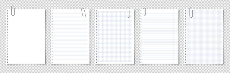 Wall Mural - Realistic blank paper sheets in A4 format with metal clip, holder on transparent background. Notebook page, document. Design template or mockup. Vector illustration.