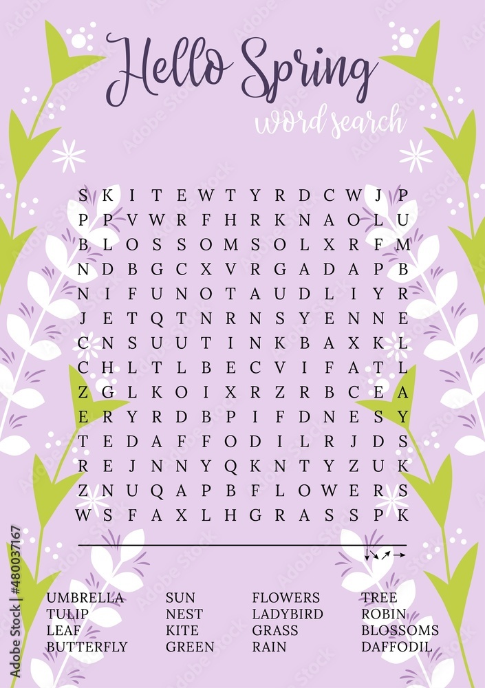 Spring Tea Word Search Spring word search puzzle with flowers. Logic game for learning English ...