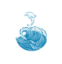 Logo Sea Wave With Dolphin . Vector Illustration