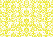 Wallpaper In The Style Of Baroque. Seamless Vector Background. White And Yellow Floral Ornament. Graphic Pattern For Fabric, Wallpaper, Packaging. Ornate Damask Flower Ornament