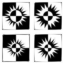 Abstract Sun Symbols On Checkered Black And White Pattern.
