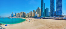 Panorama Of JBR Marina Sand Beach, Lined With Futuristic Skyscrapers, Dubai, UAE