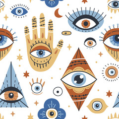 Seamless pattern design with Evil Eye, Hamsa, Hand of Fatima. Background with evil, turkish, esoteric eye different shapes. Hand drawn various talismans. Wallpaper repeatable texture with amulets.