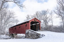 Pool Forge Red Covered Bridge On Snowy Day, Lancaster, Pennsylvania 