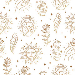 Wall Mural - Magic boho symbols seamless pattern. Backdrop of gypsy sacred elements and sign in modern boho style. Golden minimal line art.