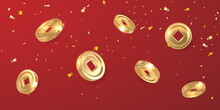 Asian Traditional Coins With Confetti Flying On Red Background .Chinese Gold Coin With Square Hole. Vector Illustration