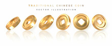 3d Traditional Chinese Gold Coin With Square Hole. Asian Traditional Elements. Vector Illustration