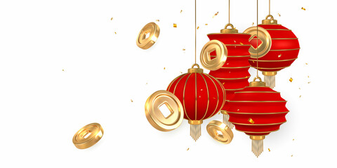 Wall Mural - asian traditional elements on white background .chinese gold coin with square hole. chinese festival