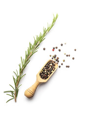 Wall Mural - Whole pepper spice and rosemary. Green rosemary branch and peppercorn