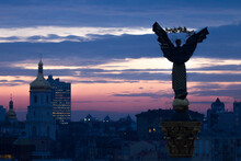 Independence Monument, Majdan Nesaleschnosti, Kyiv, Ukraine, Statue Of Berehynia At Evening Dusk Sunset