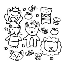A Set Of Animals In The Style Of A Doodle On A White Background