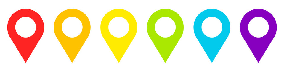 Poster - Water color illustration set of colorful location pin icons in various rainbow colours.