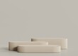 © Andre - Beige triple podium or pedestal on light background. Minimal empty background for product presentation. 3d render. Showcase template. Horizontal display mockup