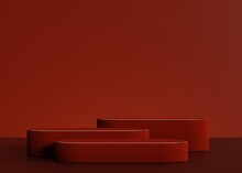 Red Triple Podium Or Pedestal On Red Background. Minimal Empty Background For Product Presentation. 3d Render. Showcase Template. Horizontal Display Mockup