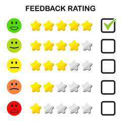 Feedback of Emoji And Rating Star Icon Set. Vector Set of Emoticons. Sad and Happy Mood Icons. Vote Scale Check Mark Symbol Set.