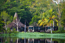 Tropical Cabin In Rainforest Jungle With Palm Trees On River
