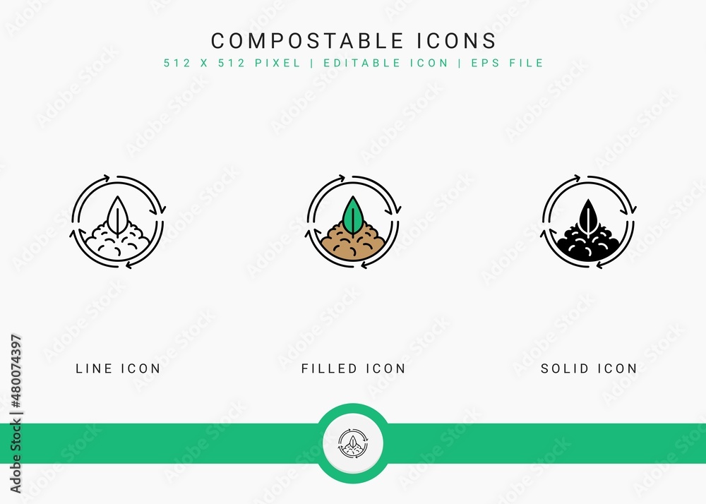 Compostable icons set vector illustration with solid icon line style ...