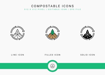 Fototapete - Compostable icons set vector illustration with solid icon line style. Bio degradable concept. Editable stroke icon on isolated background for web design, user interface, and mobile app