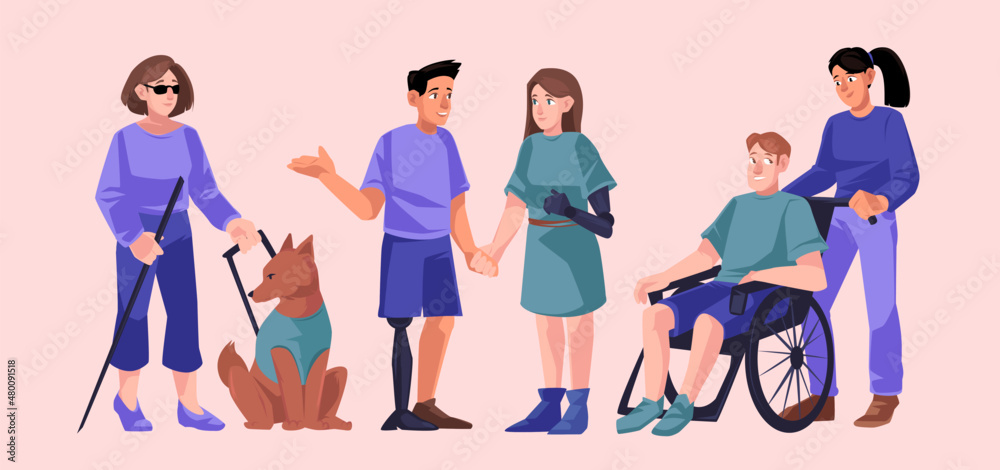 Diverse handicap people group, disability concept. Disabled character ...
