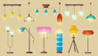 © klyaksun - Lamps, ceiling and floor glowing electric bulbs, incandescent modern chandelier lightbulbs, torcheres of different shapes and design. Isolated interior light equipment Cartoon vector illustration, set