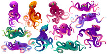 Cute Color Octopuses, Sea Animals With Tentacles. Vector Cartoon Set Of Ocean Invertebrates, Marine Animals, Squid Or Kraken With Suckers On Hands. Funny Octopuses Isolated On White Background