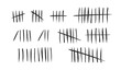 Tally marks set on white background. Collection of black hash marks signs of prison wall, jail or desert island lost day tally numbers counting. Chalk drawn sticks lines counter. Vector illustration