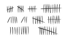 Tally Marks Set On White Background. Collection Of Black Hash Marks Signs Of Prison Wall, Jail Or Desert Island Lost Day Tally Numbers Counting. Chalk Drawn Sticks Lines Counter. Vector Illustration
