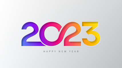 2023 Happy New Year banner. Vector illustration with colorful numbers 2023 with trendy gradient. New Year holiday symbol template on gray background.