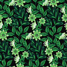 Seamless Pattern With Ornamental Plants On A Dark Background. Ornate Composition Of Green Flowers, Leaves Decorated With Dots. Floral Print Design, Modern Folk Art Style Background. Vector.