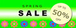 Up to 50% off Spring Sale Handwritten Typography. Spring green gradient background with colorful flowers.