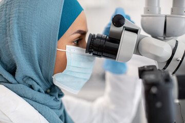 Poster - Muslim Female Medical Worker Looking In Microscope, Making Research In Modern Laboratory