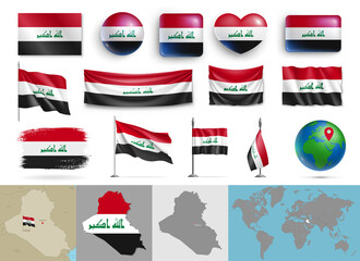 Wall Mural - iraq flags of various shapes and country map set. realistic iraq flags, glossy buttons in patriotic 
