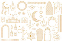 Arabic Oriental Muslim Golden Floral Outline Symbols. Lanterns, Moon, Hookah, Mosque, Arabic Decorative Frames Vector Illustration Set. Islamic Abstract Elements