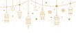 Arabic traditional Ramadan Kareem eastern lanterns garland. Muslim ornamental hanging golden lanterns, stars and moon vector illustration set. Islamic oriental style garland