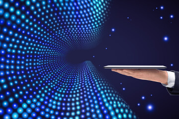 Leinwandbilder - Close up of businessman hand holding smartphone on creative big data flow background. Technology, cyberspace, science and digital stream concept.