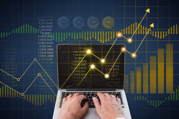 Poster - Close up of businessman hands using laptop with abstract glowing business chart hologram. Finance, trade and technology concept. Double exposure.