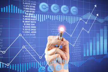 Aufkleber - Close up of male hand pointing at abstract glowing business chart hologram. Finance, trade and technology concept. Double exposure.