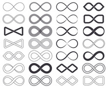 Infinity Eternity Unlimited Symbols, Limitless Cyclical Emblems. Outline Infinity Signs, Unlimited Eternity Loop Vector Symbols Set. Endless Infinite Icons