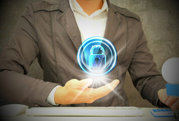 Poster - padlock to protect business and information data. innovation technology develops clever solutions to