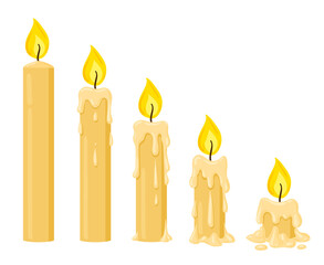 Wall Mural - Cartoon burning candles, wax candle burning stages. Melting candles with dripping wax isolated vector illustration. Burning yellow candles