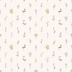 Poster - Wild flowers pattern. Seamless floral background with repeatable botanical print. Herbal blooms, plants, wildflowers backdrop design for wrapping and fabric. Colored flat vector illustration for decor