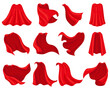 Cartoon superhero red cloaks, scarlet mantle capes. Silk superhero cloak costume, scarlet hero capes vector illustration set. Superhero red textile cloaks