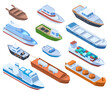 Isometric passenger, cargo sea ships, commercial and sailing boats. Water transport, boat ship, cruiser and passenger ships vector illustration set. Commercial sea ships