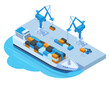 Isometric seaport cargo service, cargo ship barge, container and crane. Marine water transportation seaport concept vector illustration. Boat cargo logistic and shipping