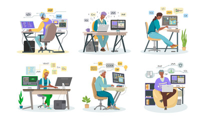 Programmer engineering and coding. Programmer working on code for web app development on computer. Concept of script coding and programming in php, javascript, python languages. Software developers