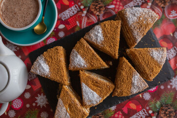 Wall Mural - Sugar dessert, cake, pie on plate. Breakfast coffee time 