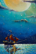 Painting Mystic Pirate Ship With Red Sails Sailing In Night On Sea, Large Luminous Planet Moon Fantasy Fine Art Paint Concept For Fairytale Paintings, Illustration Background Artwork For Book