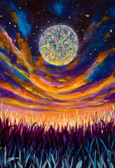 Painting modern mystic art sunset dawn starry sky with clouds space moon Fantasy monet fine art paint large glowing grass claude concept for fairytale paintings, universe artwork background artwork